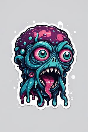 solo, looking at viewer, open mouth, simple background, white background, teeth, tongue, artist name, tongue out, grey background, no humans, tentacles, monster, extra eyes, slime \(substance\), horror \(theme\), eldritch abomination, professional vector, high detail, t-shirt design, graffiti, illustration