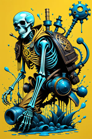simple background, artist name, no humans, yellow background, skeleton, liquid,  DETAILED LINE, Illustration style, print ready vector t-shirt design, DIGITAL PAINTING, professional vector, high detail, t-shirt design, graffiti, bright COLORS, highly detailed, pen and ink bold drawing, perfect composition, beautiful detail , intricate, highly detailed, cartoon type, comic book, STEAMPUNK ART, SPLASH PAINT ART, celtic medieval art