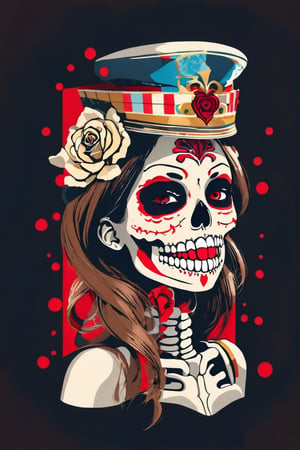 1girl, long hair, open mouth, brown hair, holding, teeth, dated, makeup, traditional media, lipstick, red lips, skeleton, bone