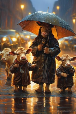 Hyper-detailed  painting, Jean-Baptiste Monge style, a gang of cute little cows gathered in the rain  under an single black long raincoat, splash, glittering, cute and adorable, filigree, lights, fluffy, magic, surreal, fantasy, digital art, ultra hd, hyper-realistic illustration, vivid colors,  UHD, cinematic perfect light,greg rutkowski