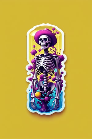 simple background, artist name, no humans, yellow background, skeleton, liquid