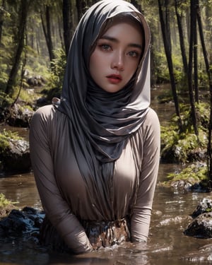 An ultra HDR 8K full HD image featuring a beautiful girl wearing a hijab trapped in quicksand in a forest, in a medium portrait shot. The girl's expression is a mix of fear and determination as she struggles against the sucking mud, trying to free herself. The dense forest backdrop adds a sense of urgency and mystery to the scene, creating a captivating visual contrast. The professional lighting highlights the girl's features and the texture of the mud, enhancing the intensity of the moment. The overall tone of the image is both dramatic and immersive, drawing the viewer into the suspenseful scenario unfolding in the mystical forest setting.