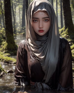 An ultra HDR 8K full HD image featuring a beautiful girl wearing a hijab trapped in quicksand in a forest, in a medium portrait shot. The girl's expression is a mix of fear and determination as she struggles against the sucking mud, trying to free herself. The dense forest backdrop adds a sense of urgency and mystery to the scene, creating a captivating visual contrast. The professional lighting highlights the girl's features and the texture of the mud, enhancing the intensity of the moment. The overall tone of the image is both dramatic and immersive, drawing the viewer into the suspenseful scenario unfolding in the mystical forest setting.