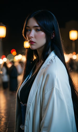 Prompt: Highest quality detailed, Best quality, score_9, score_8_up, score_7_up, score_6_up, source_realistic, photograph, BREAK,unohana_tybw, blue eyes, very long hair, straight hair, black hair, narrowed eyes, half-closed eyes, black kimono dress, white coat, white obi, dynamic angle,cinematic, Bokeh, set in Tokyo night city,more detail XL,