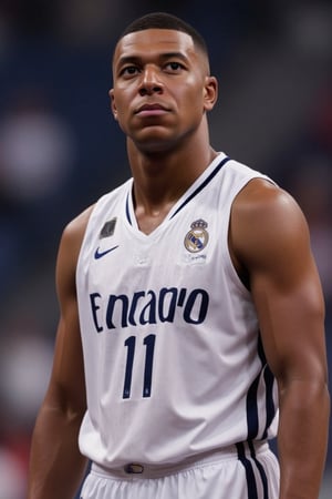 Kylian Mbappe, solo, looking at viewer, black hair, 1boy, holding, jewelry, male focus, shorts, dark skin, bracelet, facial hair, dark-skinned male, white shorts, sportswear, realistic, basketball, basketball uniform, UHD, 8k perfect lighting, 