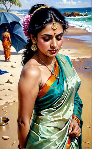 elegant exhausted and sweated lady in saree bathing in sand, oil painting by famous artist Fee Dickson Reid