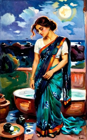elegant exhausted and sweated lady in saree bathing in moonlight, oil painting by famous artist Fee Dickson Reid,style of Edvard Munch,impressionist painting