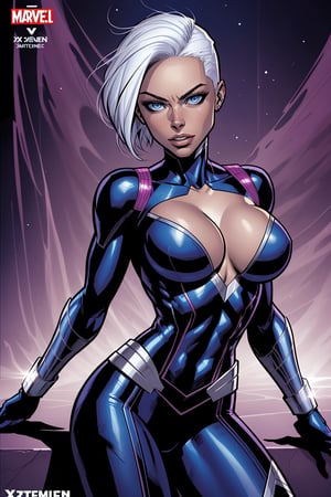Comic Cover with the Marvel Book Title "X-MEN" at the top. gorgeous superheroine Storm X-men, Artgerm style, Storm, top glossy fabric, tight fitting costume, white hair, bright blue eyes, X-men logo on costume, character reclining, african confident, gorgeous, very elegant, fantasy character art, comic book art,HQ