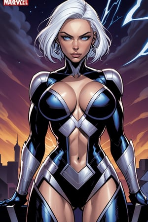 Comic Cover with the Marvel Book Title "X-MEN" at the top. gorgeous superheroine Storm X-men, Artgerm style, Storm, top glossy fabric, tight fitting costume, white hair, bright blue eyes, X-men logo on costume, character reclining, african confident, gorgeous, very elegant, fantasy character art, comic book art,HQ