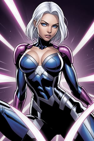 Comic Cover with the Marvel Book Title "X-MEN" at the top. gorgeous superheroine Storm X-men, Artgerm style, Storm, top glossy fabric, tight fitting costume, white hair, bright blue eyes, X-men logo on costume, character reclining, african confident, gorgeous, very elegant, fantasy character art, comic book art