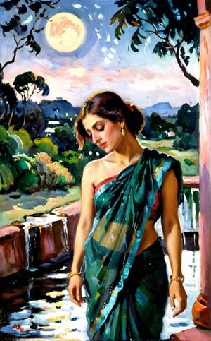elegant exhausted and sweated lady in saree bathing in moonlight, oil painting by famous artist Fee Dickson Reid,style of Edvard Munch,impressionist painting