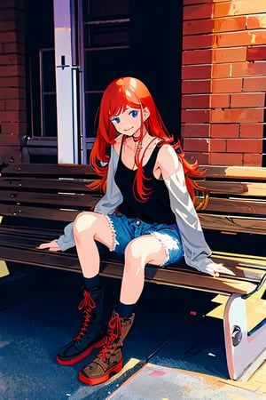 portrait, emotion, illustration, Young girl, long red hair, with two strands cascading down to her waist, with bangs on the left side, dark blue eyes, beautiful face, with a cheerful expression, black tank top, long-sleeved, dark gray shorts, long black boots with red laces, sitting on a park bench, with a book in the evening.




