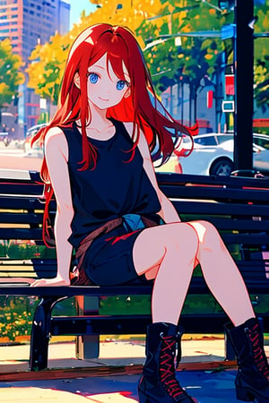 portrait, emotion, illustration, Young girl, long red hair, with two strands cascading down to her waist, with bangs on the left side, dark blue eyes, beautiful face, with a cheerful expression, black tank top, long-sleeved, dark gray shorts, long black boots with red laces, sitting on a park bench, with a book in the evening.




