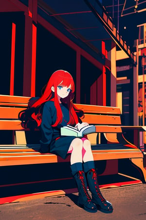 portrait, emotion, illustration, Young girl, long red hair, with two strands cascading down to her waist, with bangs on the left side, dark blue eyes, beautiful face, with a cheerful expression, black long sleeve shirt, dark gray shorts, long black boots with red laces, sitting on a park bench, with a book in the evening.




,illustration,fcloseup,rgbcolor