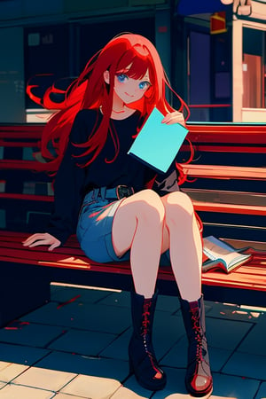 portrait, emotion, illustration, Young girl, long red hair, with two strands cascading down to her waist, with bangs on the left side, dark blue eyes, beautiful face, with a cheerful expression, black long sleeve shirt, dark gray shorts, long black boots with red laces, sitting on a park bench, with a book in the evening.




,illustration,fcloseup,rgbcolor