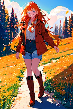 portrait, emotion, illustration, a girl about 12 years old, with long orange hair, honey-colored eyes, a beautiful and tender face, unbuttoned red jacket, wearing a gray blouse, gray denim shorts, and brown boots with red details, smiling cheerfully, in a beautiful meadow, the camera focuses slightly to the left of her.