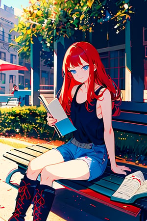 portrait, emotion, illustration, Young girl, long red hair, with two strands reaching her waist, with bangs on the left side, dark blue eyes, beautiful face, with a cheerful expression, black tank top, dark gray shorts, long black boots with red laces, sitting on a park bench, with a book in the evening.





