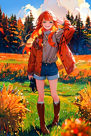 portrait, emotion, illustration, a girl about 12 years old, with long orange hair, light brown eyes, a beautiful and tender face, unbuttoned red jacket, wearing a gray blouse, gray denim shorts, and brown boots with red details, smiling cheerfully, in a beautiful meadow, the camera focuses slightly to the left of her.