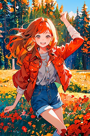 portrait, emotion, illustration, a girl about 12 years old, with long orange hair, light brown eyes, a beautiful and tender face, unbuttoned red jacket, wearing a gray blouse, gray denim shorts, and brown boots with red details, smiling cheerfully, in a beautiful meadow, the camera focuses slightly to the left of her.