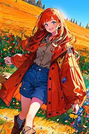 portrait, emotion, illustration, a girl about 12 years old, with long orange hair, light brown eyes, a beautiful and tender face, unbuttoned red jacket, wearing a gray blouse, gray denim shorts, and brown boots with red details, smiling cheerfully, in a beautiful meadow, the camera focuses slightly to the left of her.