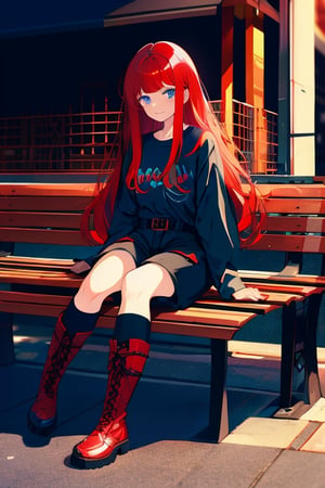 portrait, emotion, illustration, Young girl, long red hair, with two strands cascading down to her waist, with bangs on the left side, dark blue eyes, beautiful face, with a cheerful expression, black long sleeve shirt, dark gray shorts, long black boots with red laces, sitting on a park bench, with a book in the evening.




,illustration,fcloseup,rgbcolor