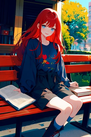 portrait, emotion, illustration, Young girl, long red hair, with two strands cascading down to her waist, with bangs on the left side, dark blue eyes, beautiful face, with a cheerful expression, black long sleeve shirt, dark gray shorts, long black boots with red laces, sitting on a park bench, with a book in the evening.




,illustration,fcloseup,rgbcolor