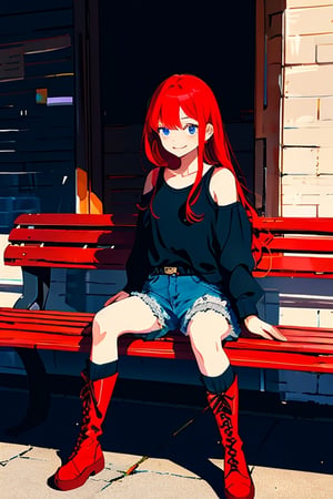 portrait, emotion, illustration, Young girl, long red hair, with two strands cascading down to her waist, with bangs on the left side, dark blue eyes, beautiful face, with a cheerful expression, black tank top, long-sleeved, dark gray shorts, long black boots with red laces, sitting on a park bench, with a book in the evening.




