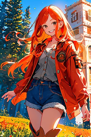 portrait, emotion, illustration, a girl about 12 years old, with long orange hair, light brown eyes, a beautiful and tender face, unbuttoned red jacket, wearing a gray blouse, gray denim shorts, and brown boots with red details, smiling cheerfully, in a beautiful meadow, the camera focuses slightly to the left of her.