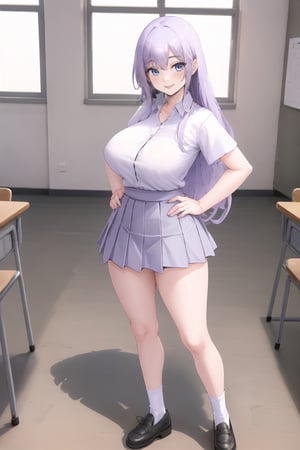 olivia,studio,school_uniform, full body, large breasts, large hips, light purple hair,short torso, long hair, blue eyes,classroom, smile, white shirt, standing,short sleeves, grey skirt, white socks, brown shoes, sexy pose, 