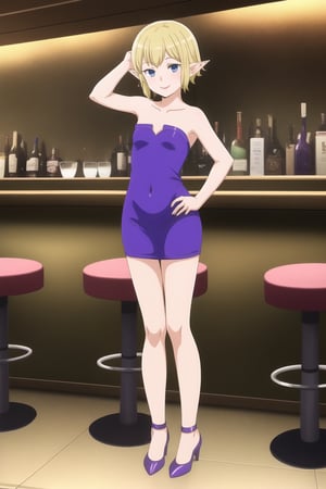 ((masterpiece)), solo, 1girl, ,young, teen,  smile,looking at viewer,standing, full body,
ryu
short hair, blue eyes, blonde hair,flat chest slim,Elf's ears

hand on hips
((micro dress))
((sexy pose ))
 ((bare shoulders))
((sleeveless))
((purple dress))
((heeled shoes))
((tight dress))
((strapless ))

((bar))
((bar bar))
