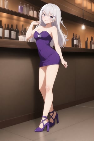 ((masterpiece)), solo, 1girl, ,young, teen,  smile,looking at viewer,standing, full body,
 ((x10))) white hair highlights in yellow-colored long hair grey eyes


((micro dress))
((sexy pose ))
 ((bare shoulders))
((sleeveless))
((purple dress))
((heeled shoes))
((tight dress))
((strapless ))

((bar))
((bar bar))
,x10