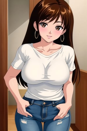 ((masterpiece))  ((high quality)) 
((beautiful details)),(( perfect focus)), (( high resolution)), ((exquisite texture in every detail)),

((1girl)) ,((solo)),((girlA))
smile
looking at the viewer

 long hair, ((light brown hair)), ((dark brown eyes))
athletic,((medium breast))
looking at viewer

blush

smile



shirt


jewelry


standing

collarbone

white shirt


short sleeves

sidelocks

cowboy shot

earrings


parted lips

pants

indoors

torn clothes

denim

t-shirt

hand in pocket

jeans

door

torn pants

torn jeans

