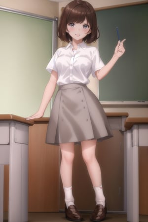 ((masterpiece)), ((high quality)),

((girl1  vera  brown hair white shirt standing short sleeves  grey skirt white socks brown shoes))

((happy, smile, fun))
((classroom))