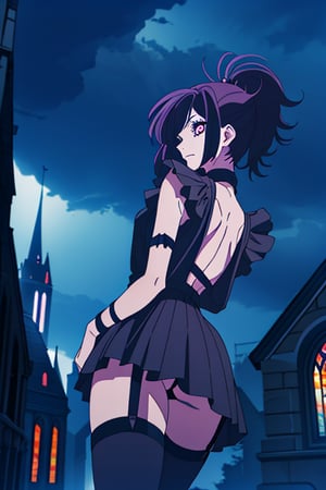 80s horror goth anime style
 
20 year old emo woman in gothic lingerie in a seductive pose 

in front of a gothic church and a stormy sky