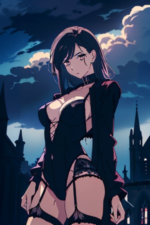 80s horror goth anime style
 
20 year old emo woman in gothic lingerie in a seductive pose 

in front of a gothic church and a stormy sky