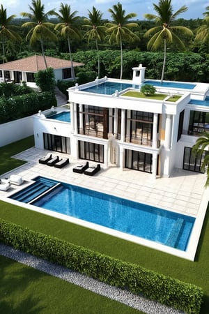 Design an architectural plan of a large villa house that includes a pool, bathroom, bedroom and kitchen and other luxury facilities of a multi-million dollar house.