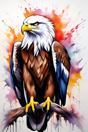 Very imponent eagle, elegant animal, brushstrokes, ((colorful: 1.2)), white background, ((masterpiece: 2)), looking at viewer, ((stunning image: 1.5)), Ink art style