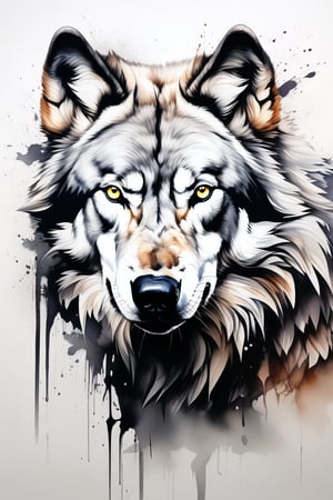 Image of imponent white wolf, only face, profile, badass image, stunning image, ((masterpiece quality: 2)), ink brushstrokes, Ink art style.