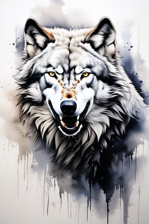 Image of imponent white wolf, only face, profile, loking away, fangs, badass image, stunning image, ((masterpiece quality: 2)), ink brushstrokes, Ink art style.