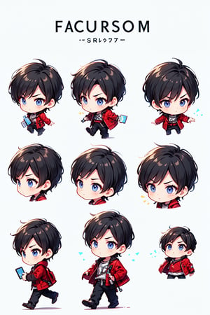 1boy, sole, male focus, White background, full body image, short hairstyle, black hair, he's serious, walking. Chibi