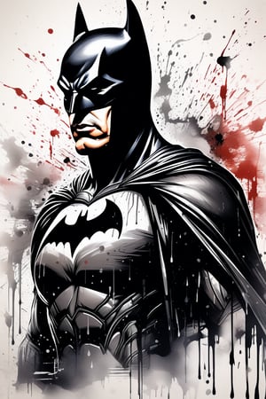 An image of batman, loojing at viewers, very badass, ink brushstrokes in background, masterpiece, fine art parody, upper body, ink droplets, impressive artwork, Ink art style.