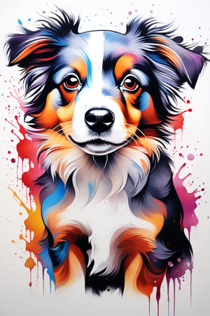 Very beautiful puppy, elegant animal, ink droplets, ((colorful: 1.2)), white background, ((masterpiece: 2)), only the face, medium shot, looking at viewer, ((stunning image: 1.5)), Ink art style