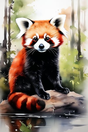 Extremely beautiful image of red panda, sitting in floor, auntumnal forest in background, cute appareance, ink brushstrokes, masterpiece masterpiece, wallpaper quality, Ink art style