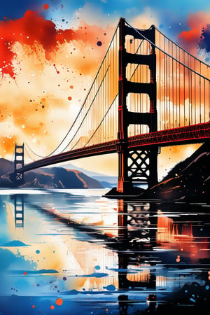 Very dynamic and beautiful image of Golden Gate bridge, ink artwork, stunning image, extremely beautiful pic, fine art parody, ink droplets.