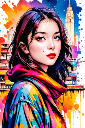 A very beautiful girl wearing a very causal clothes, she is the city, brushstrokes in background, looking at viewer, pop art, Colorful ink, masterpiece. 