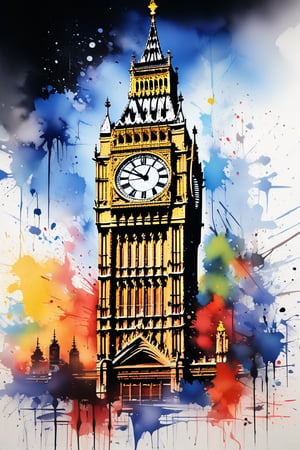 A fine artwork, Big Ben Clock, ink art bushtrokes, interesting fine art parody, incredible absurdress, coloful ink, ink brushstrokes, dynamic art, masterpiece quality, high quality image.