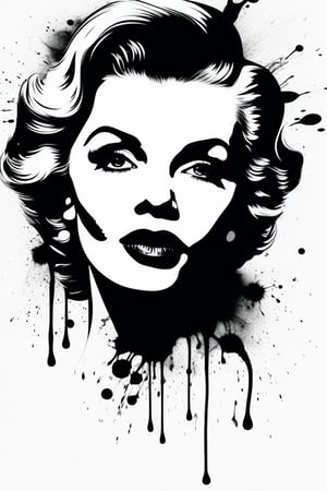 An really impressive image representing Marilyn Monroe, whit background, ink droplets, ink smoke, monochrome, upper body, fine art parody, Ink art style.