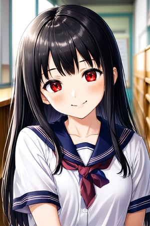 1girls, solo, charming girl, close up, yamato nadeshiko. Black straight hair, red eyes, long hair, himecut hairstyle, cute woman, schoolgirl uniform (white blouse, short pleaded skirt, golden hairpin). Blush, charming smile, cute girl, beautiful eyes, charming girl, cute pose, japanese high school hallway in background, school, indoors, digital art, professional style, detailed image, blurry background, ((masterpiece: 1.2)), light particles, stunning image, Anime style.