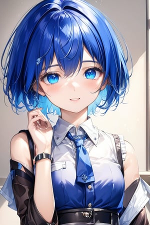 Very beautiful girl, loking at viewer, short hair, blue hairtips, wallpaper quality, soporting clothes, radiant girl, upper body, ((masterpiece: 2)), detailed image, Anime Style.