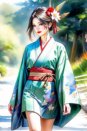 masterpiece, high quality realistic, pencil-sketch, pastel art style, (thin line:1.5), painting based on light-green, beautiful girl walking, light-brown short hair, red lips, flower, hair ornament, japanese clothes, kimono, smile, DonMM1y4XL,charlemagne_fate, black hair,Eyes,watercolor